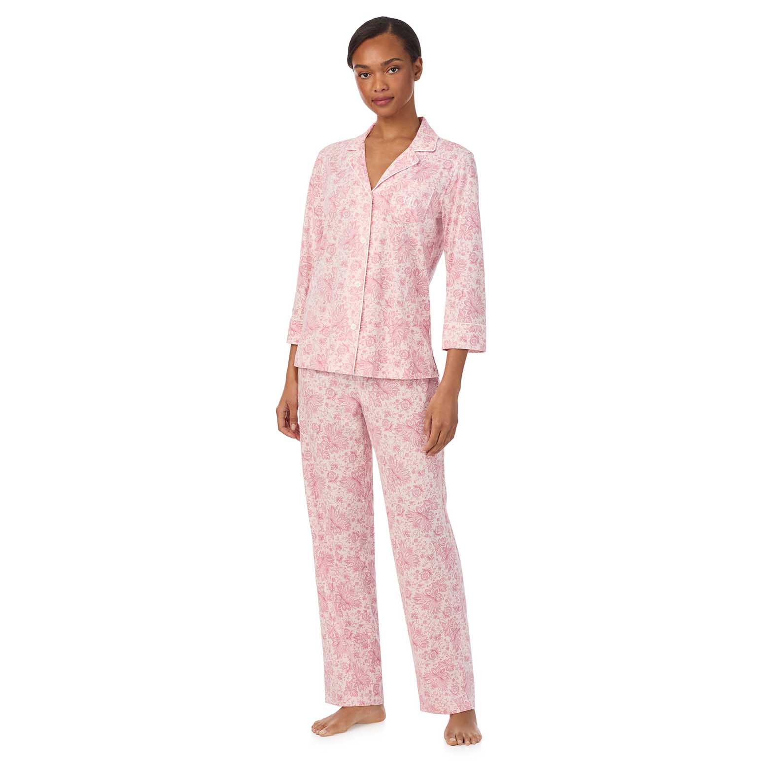 Lauren Ralph Lauren Cotton Knit 3/4 Sleeve Notch Collar Pajama Set